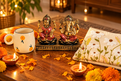 Diwali gift arrangement with a Lakshmi Ganesh sandstone idol, ceramic mug and embroidered cushion cover