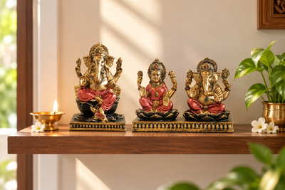 Small home mandir wall shelf with Ganesha and Lakshmi Ganesh sandstone idols