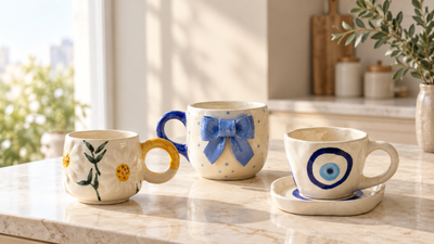 Empty Sunny Bloom cup, Blue Bow mug and Evil Eye cup-and-saucer compared on a warm stone counter
