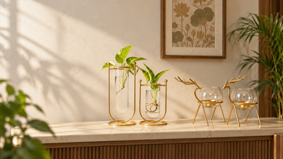 Console table with a Desk Planter and Deer Set with Glass Pots in a warm Indian home