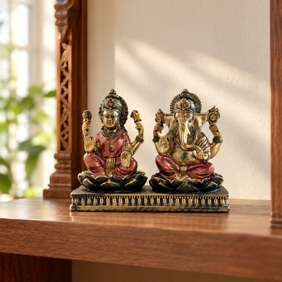 Lakshmi Ganesh Sandstone Idol for Home Mandir — 12 cm