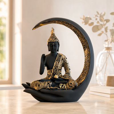 Buddha in Crescent Moon Ceramic Figurine
