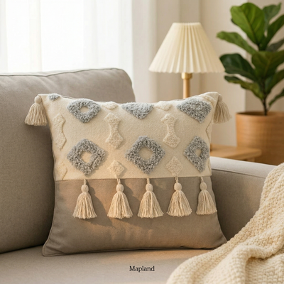 Serene knot macrame-style woven cushion cover in neutral tones — handmade cushion cover | Mapland Design Studio