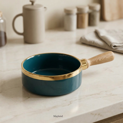 Midnight Teal Enamel Serving Bowl with Gold Rim