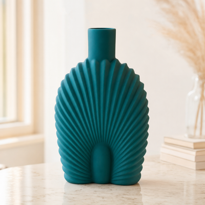 Tall Scallop Shell Ceramic Vase — Teal