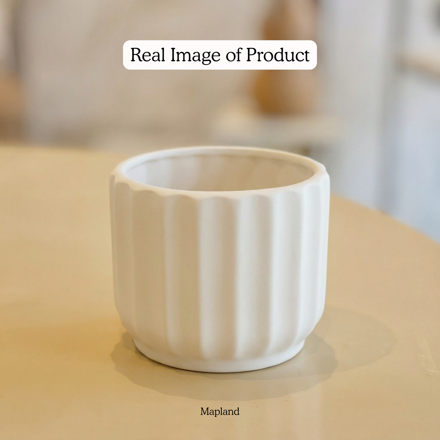 White Ribbed Ceramic Planter handmade ceramic planter — angle view, Indian artisan craft | Mapland