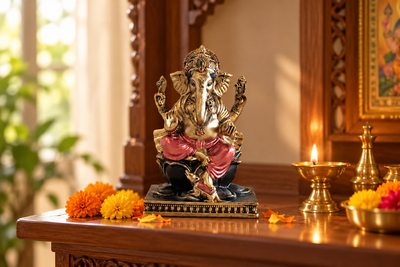 Sandstone Ganesha idol in antique gold with coral dhoti, seated on a home mandir shelf
