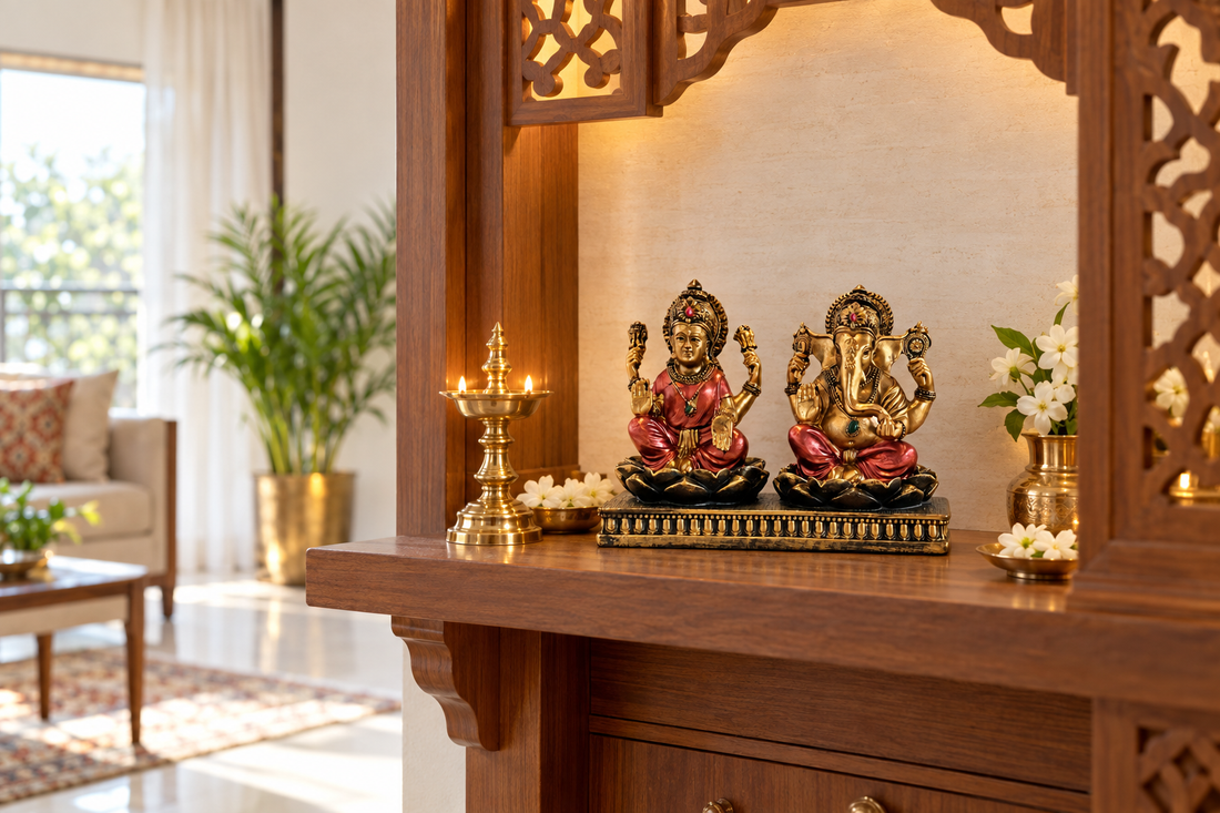 Lakshmi Ganesh sandstone idol placed on a home mandir shelf in the northeast corner