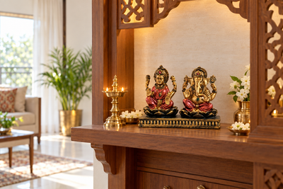 Lakshmi Ganesh sandstone idol placed on a home mandir shelf in the northeast corner