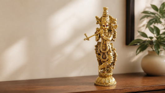 Krishna Murali Manohar brass figurine styled on a wood console for a Mapland brass decor guide