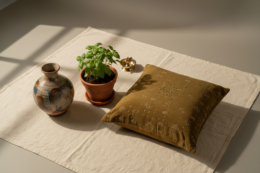 Housewarming gifts for an Indian home with a ceramic vase, planter, cushion cover and diya