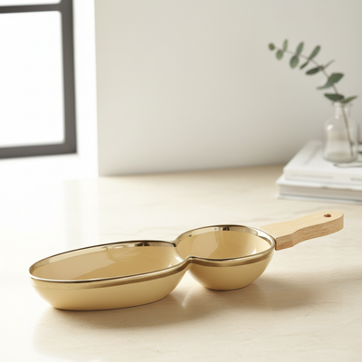 2-Section Porcelain Serving Dish with Wooden Handle