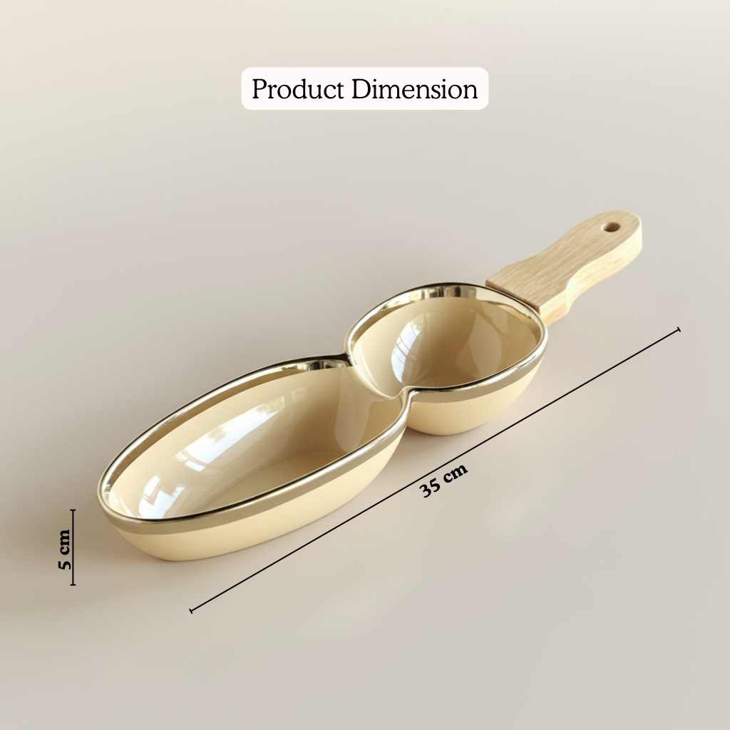 2-Section Porcelain Serving Dish with Wooden Handle