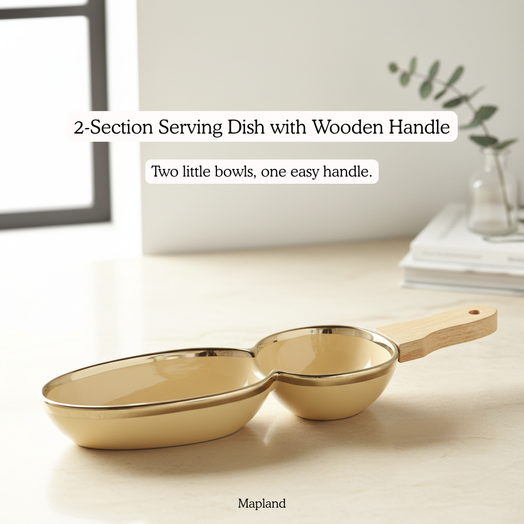 2-Section Porcelain Serving Dish with Wooden Handle