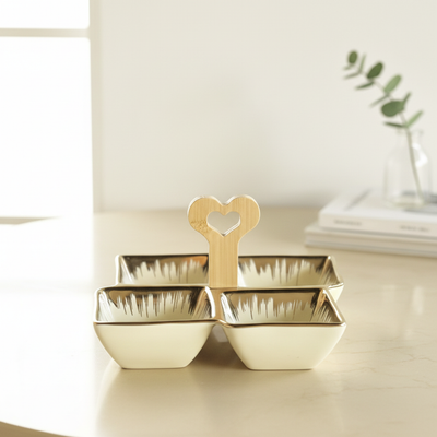 4-Section Porcelain Serving Set with Wooden Handle