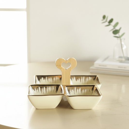 4-Section Porcelain Serving Set with Wooden Handle