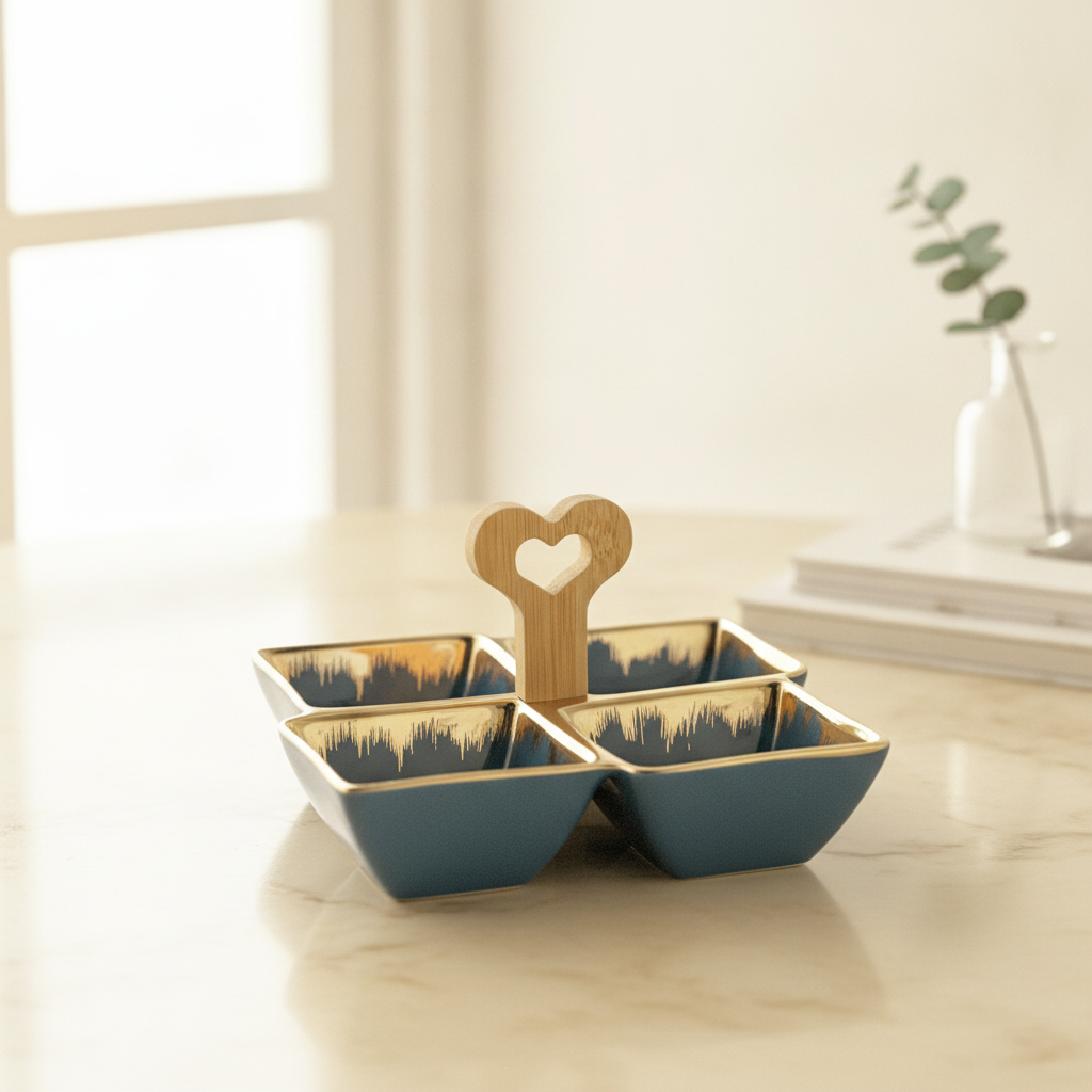 4-Section Ceramic Serving Set with Wooden Handle