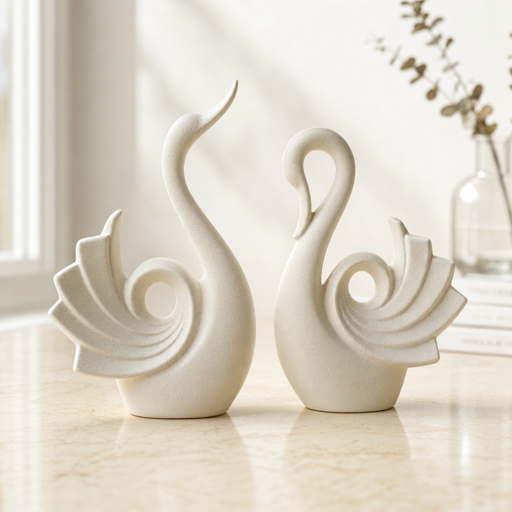 Abstract Swan Ceramic Figurine Set of 2