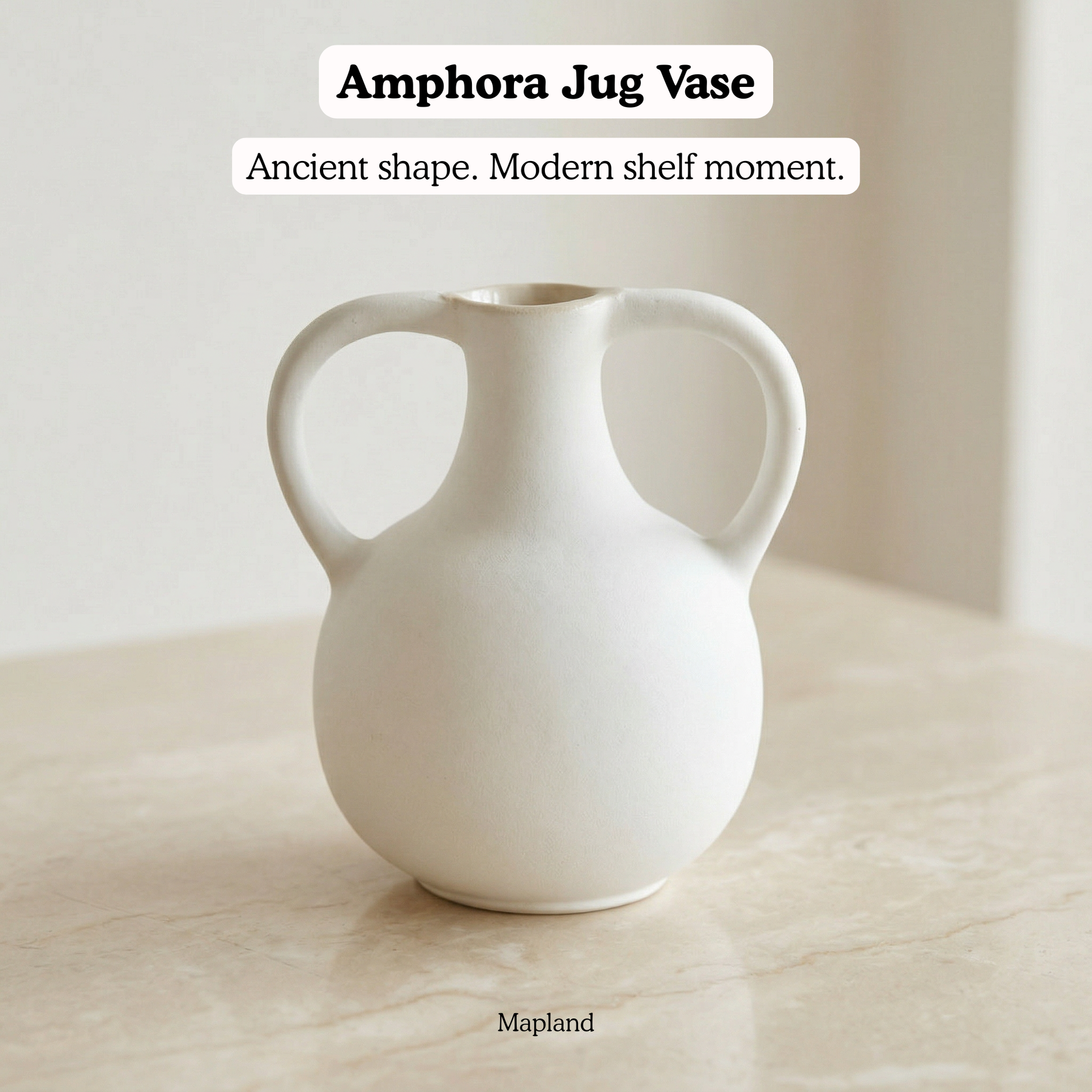 Amphora Jug Vase Chalk White handmade ceramic vase — side view, Indian artisan craft | Mapland