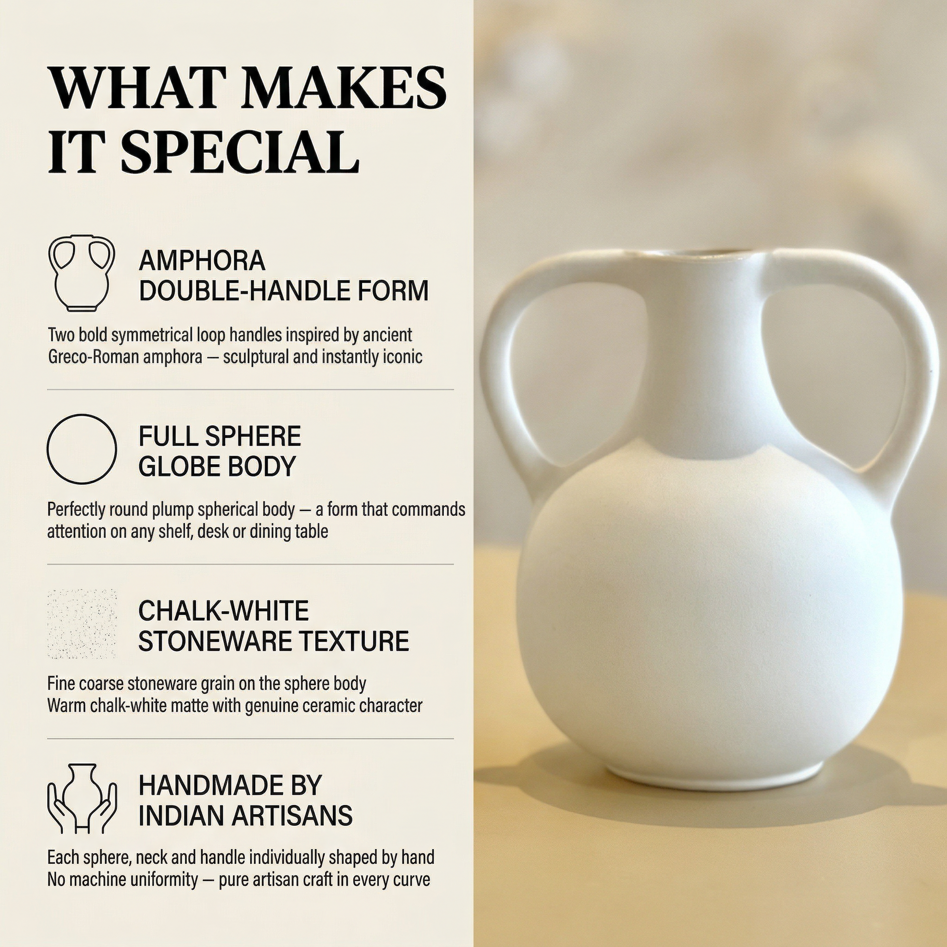 Amphora Jug Vase Chalk White handmade ceramic vase — lifestyle view, Indian artisan craft | Mapland