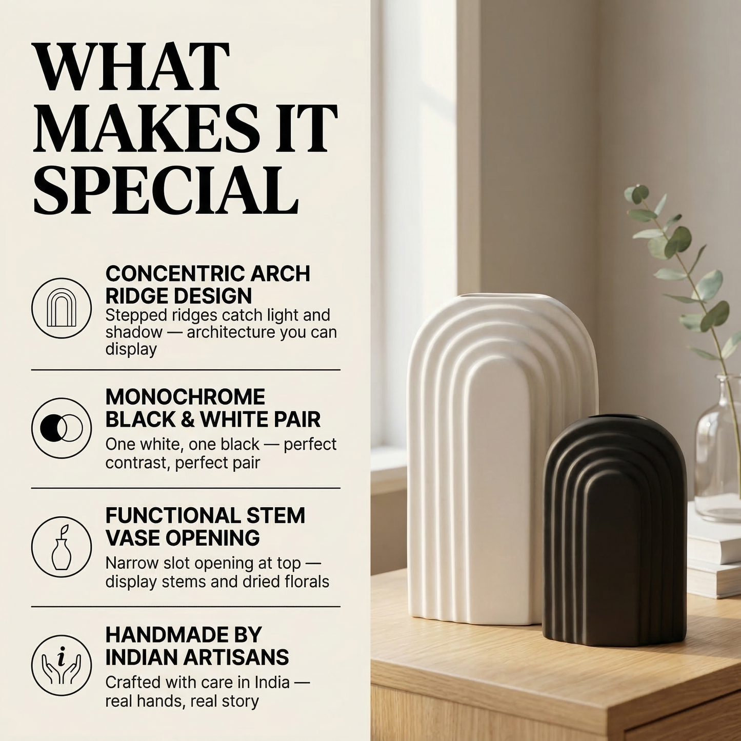 Arc Duo Ceramic Vase Set handmade ceramic vase — lifestyle view, Indian artisan craft | Mapland