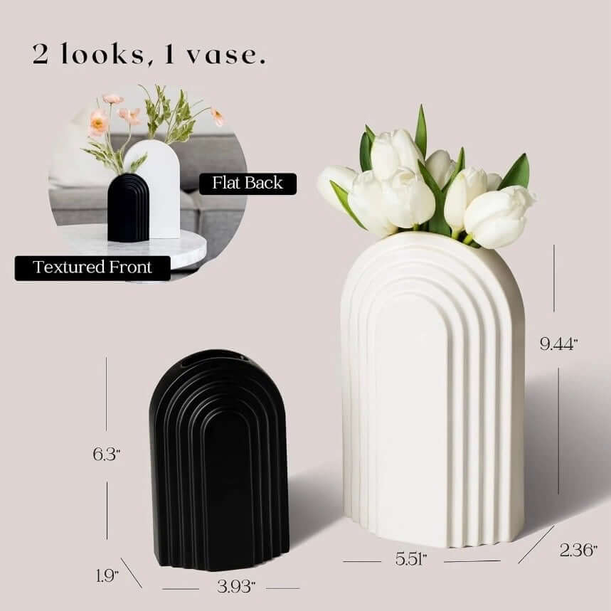 White vase with textured front and flat back, featuring measurements and flower arrangement.