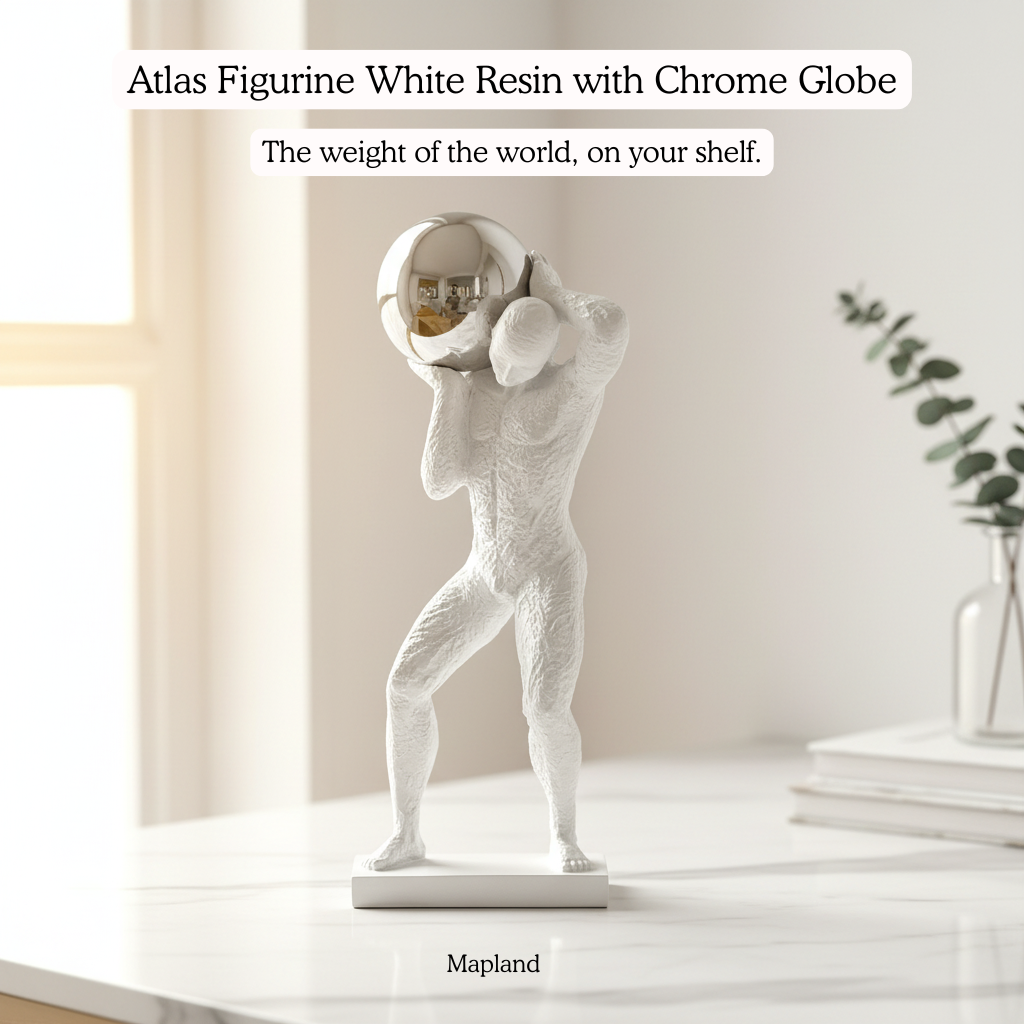 Atlas Figurine White Resin with Chrome Globe side view | Mapland