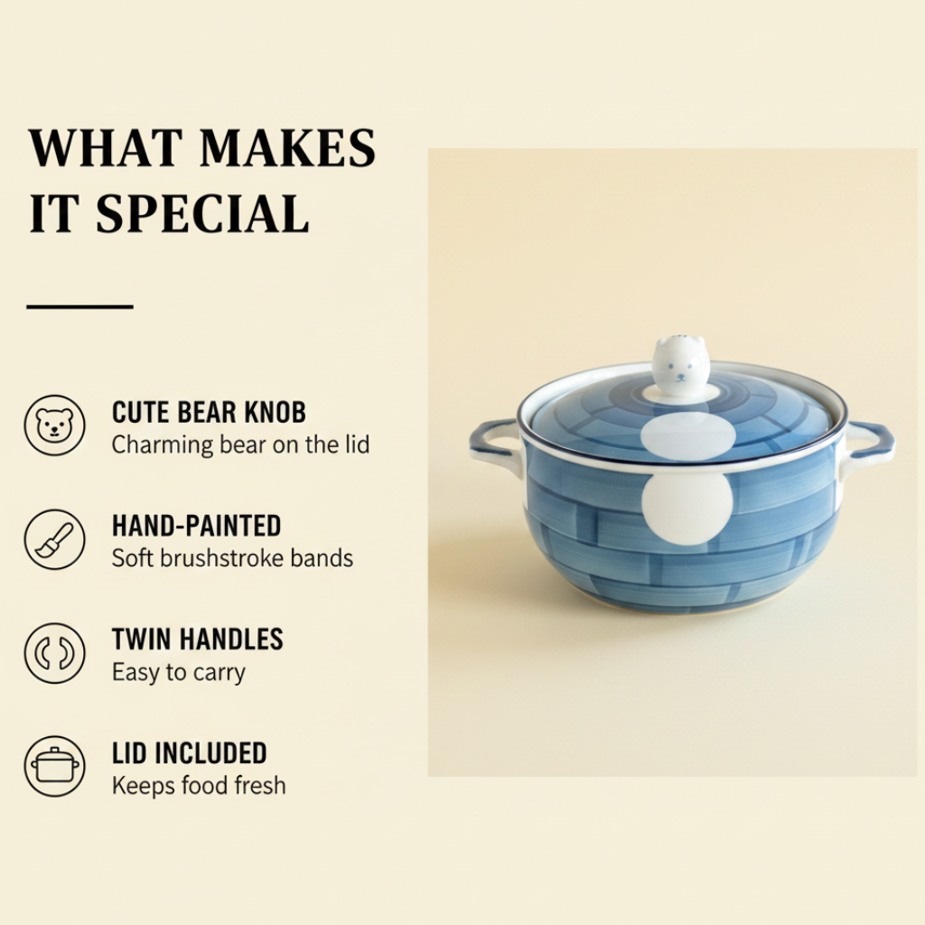 Bear-Lid Ceramic Bowl with Handles