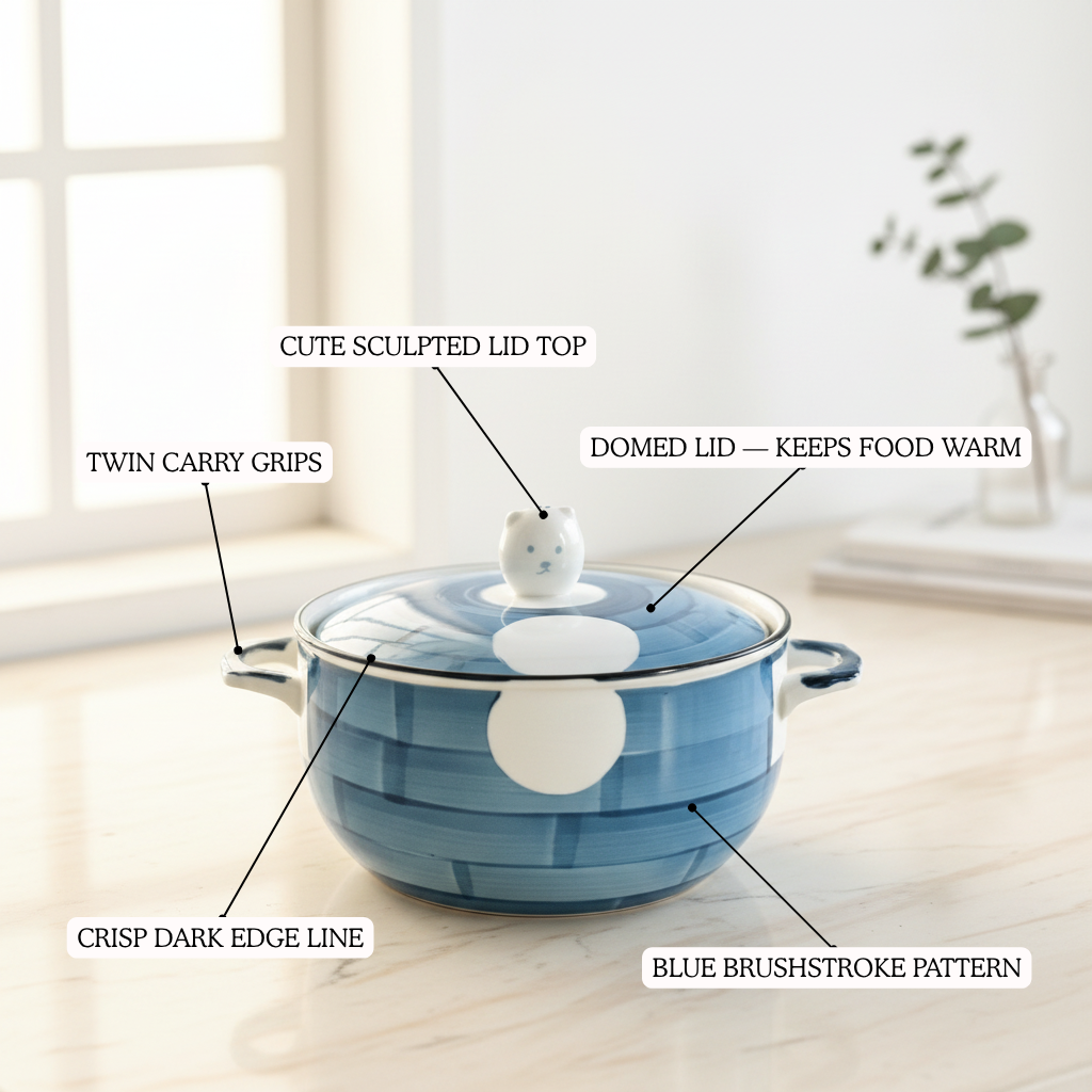 Bear-Lid Ceramic Bowl with Handles