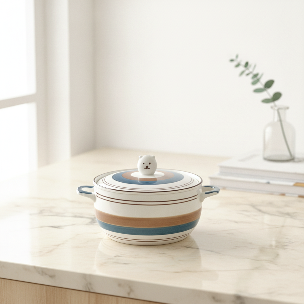 Bear-Lid Ceramic Bowl with Handles
