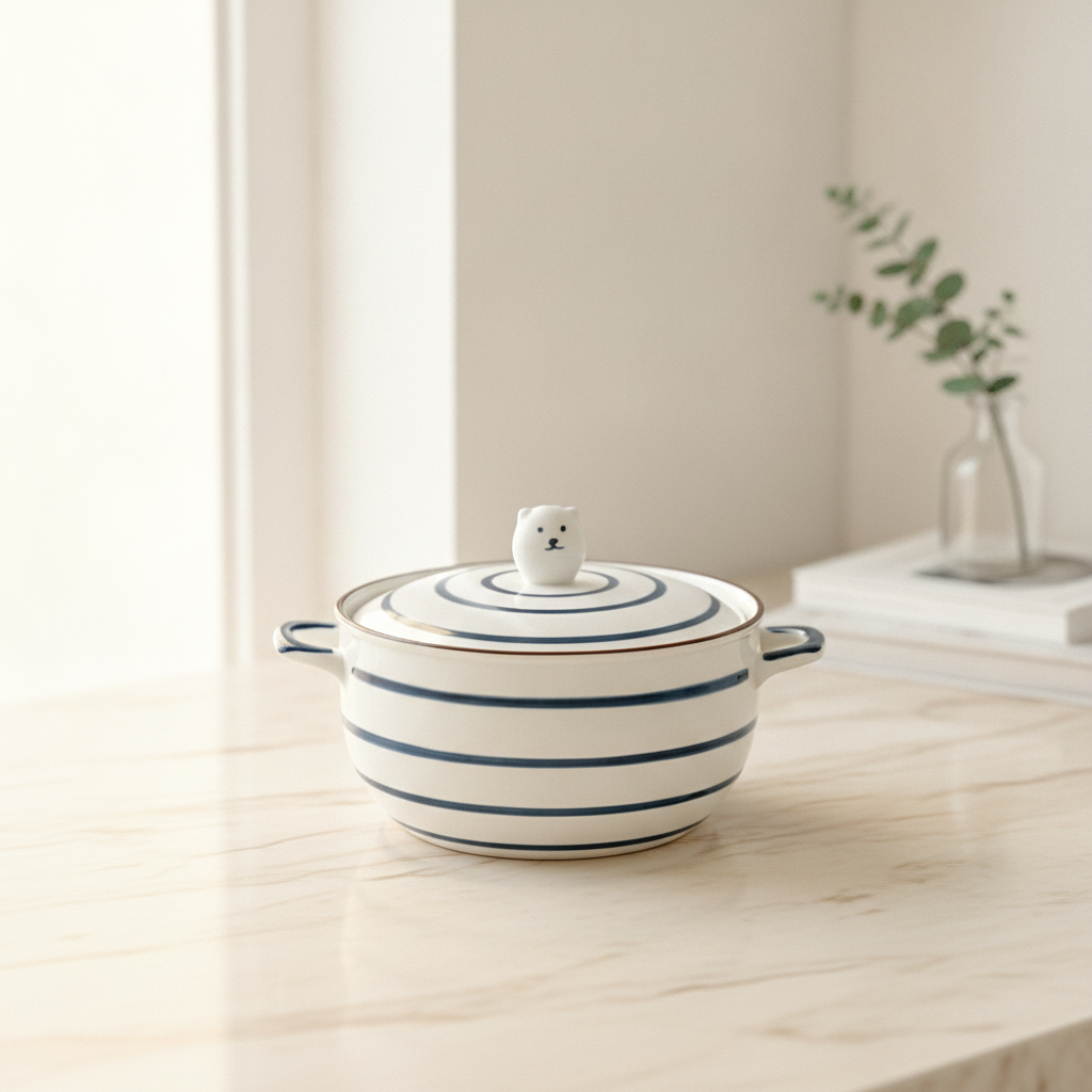 Bear-Lid Ceramic Bowl with Handles