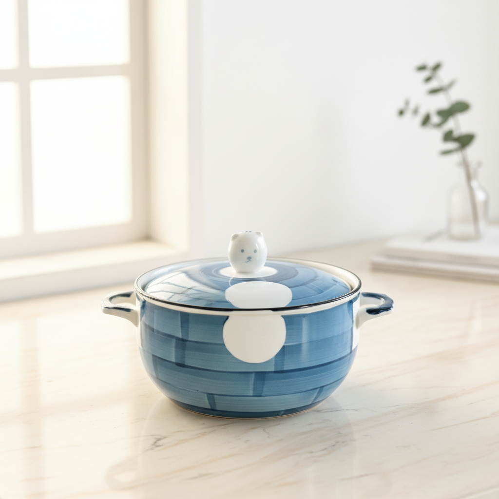 Bear-Lid Ceramic Bowl with Handles