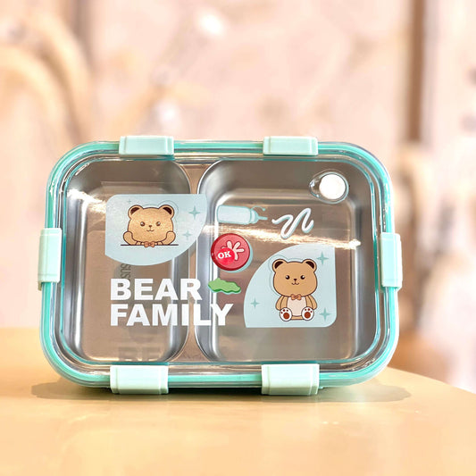 Bear-themed food container with cartoon bear faces on a blurred background