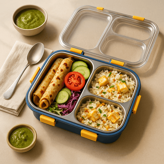 Lunchbox with compartments containing rice, vegetables, and flatbread, accompanied by small bowls of green sauce and a spoon on a beige background.