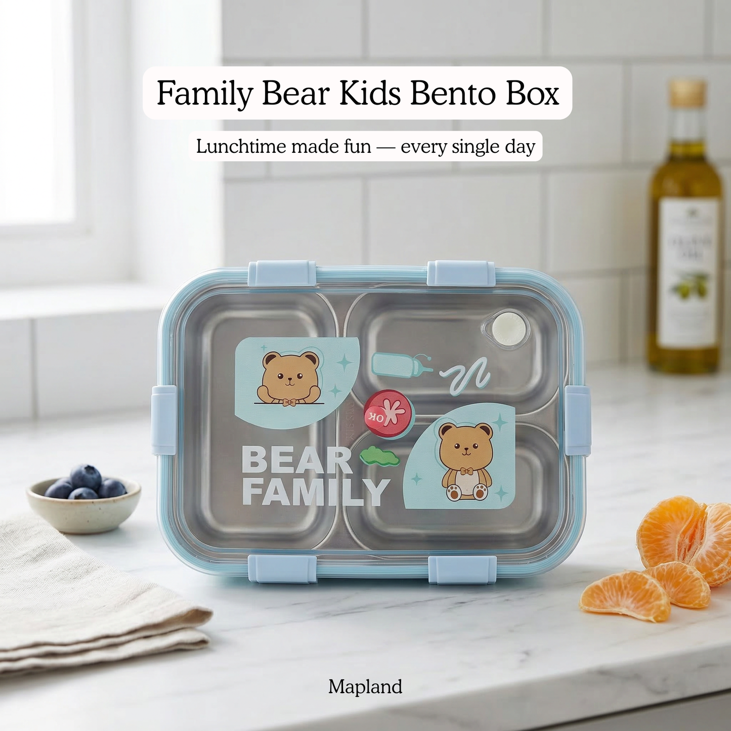 CubbyBox 3-Compartment Bento Lunch Box with Cutlery — side view — handmade artisan home decor | Mapland