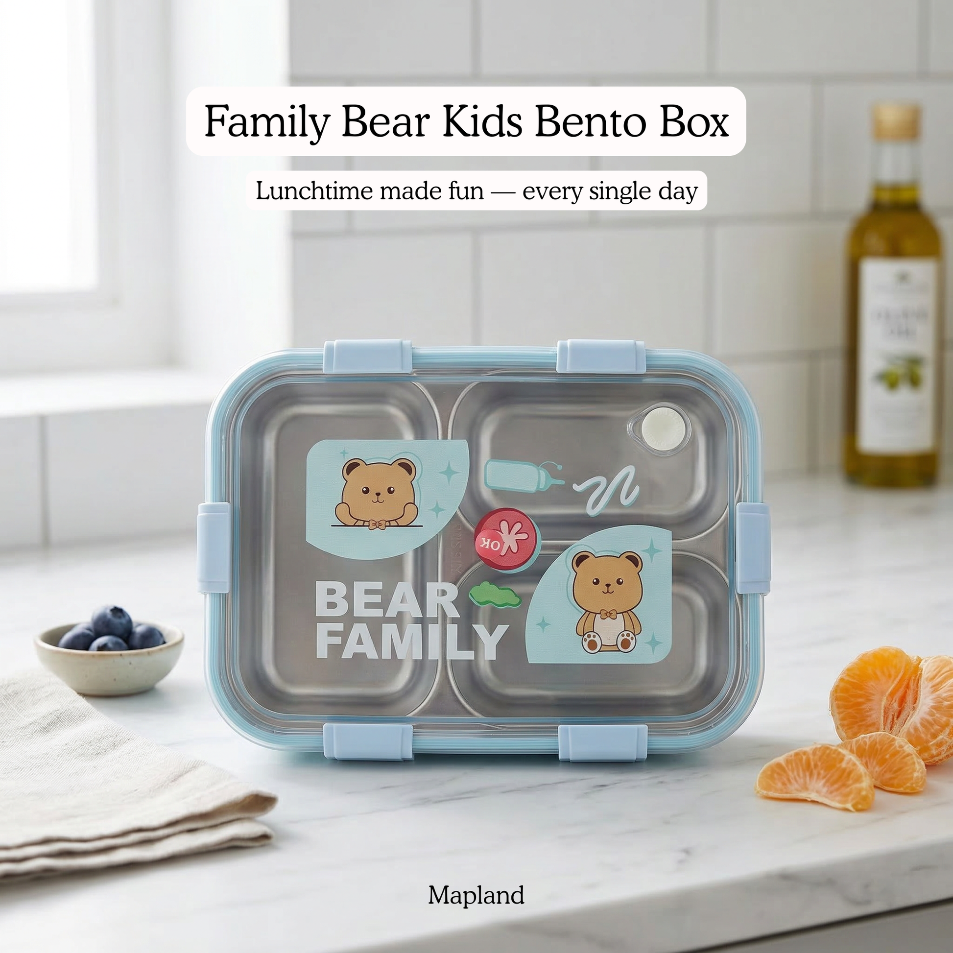 CubbyBox 3-Compartment Bento Lunch Box with Cutlery — side view — handmade artisan home decor | Mapland