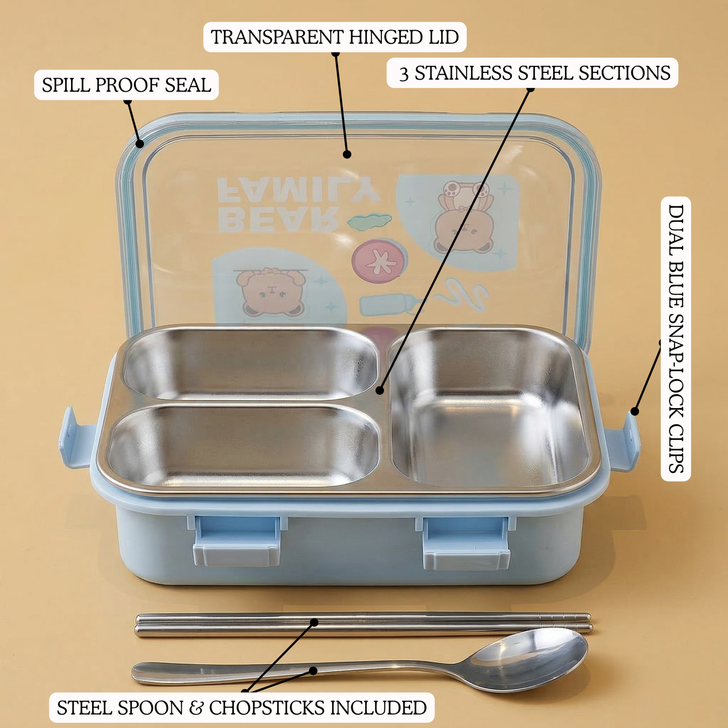 CubbyBox 3-Compartment Bento Lunch Box with Cutlery — top view — handmade artisan home decor | Mapland