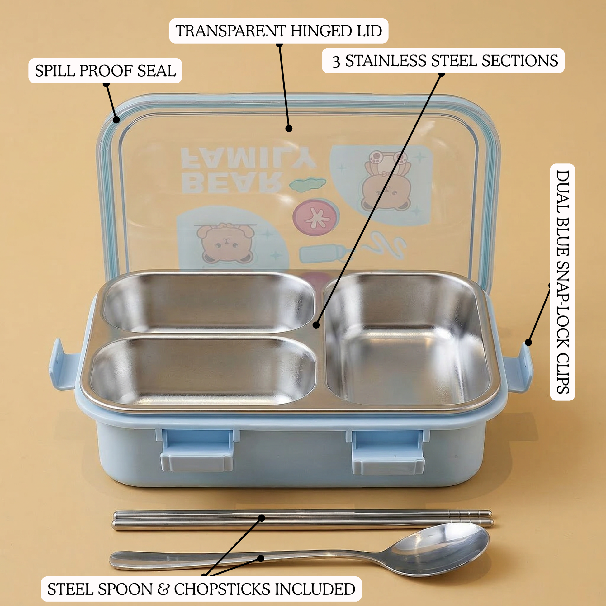 CubbyBox 3-Compartment Bento Lunch Box with Cutlery — top view — handmade artisan home decor | Mapland