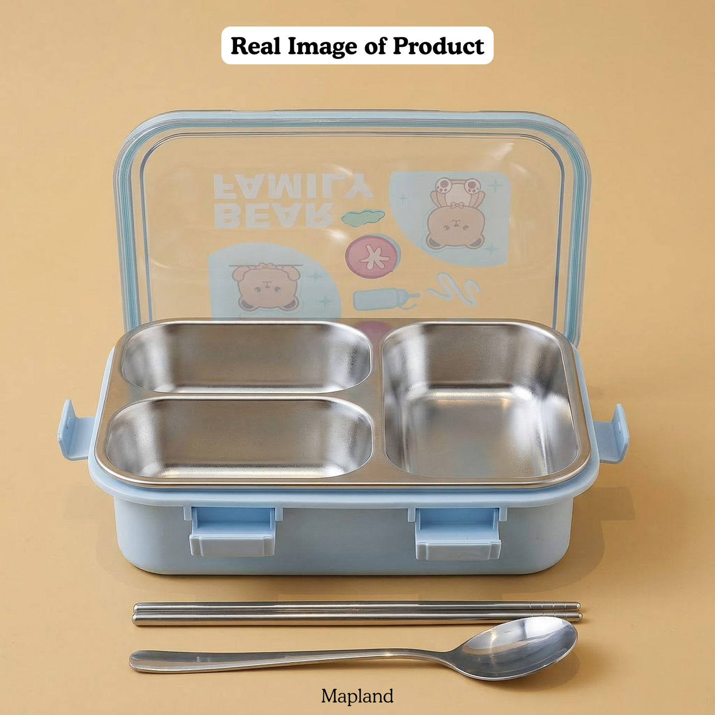CubbyBox 3-Compartment Bento Lunch Box with Cutlery — lifestyle view — handmade artisan home decor | Mapland