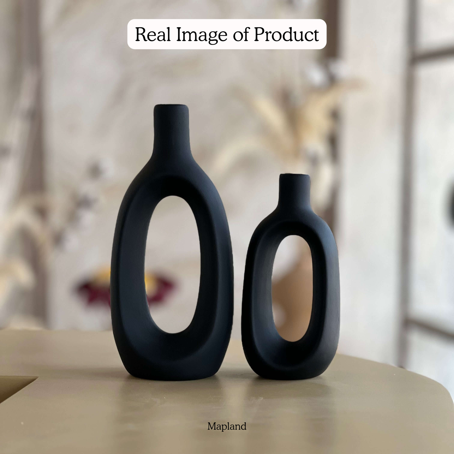 Boho Black Set of 2 handmade ceramic vase — angle view, Indian artisan craft | Mapland