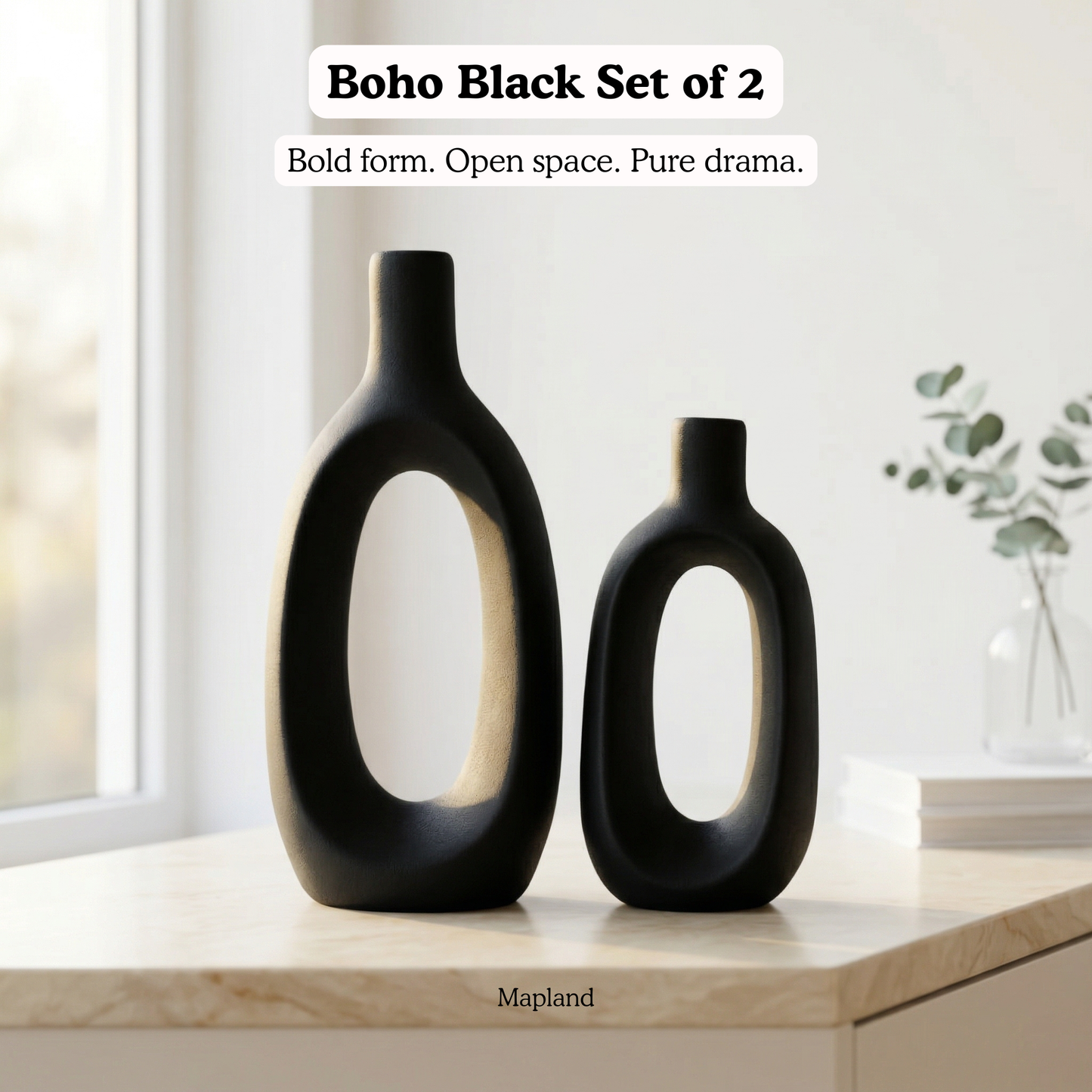 Boho Black Set of 2 handmade ceramic vase — side view, Indian artisan craft | Mapland