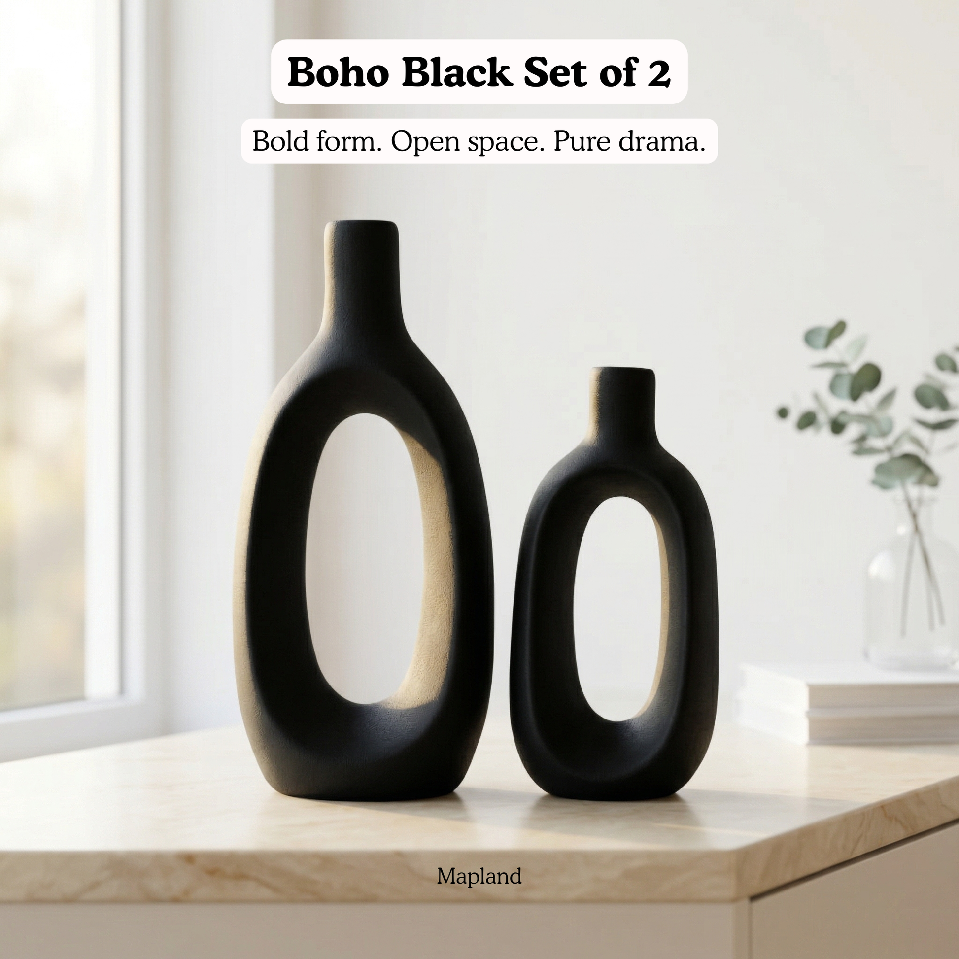 Boho Black Set of 2 handmade ceramic vase — side view, Indian artisan craft | Mapland
