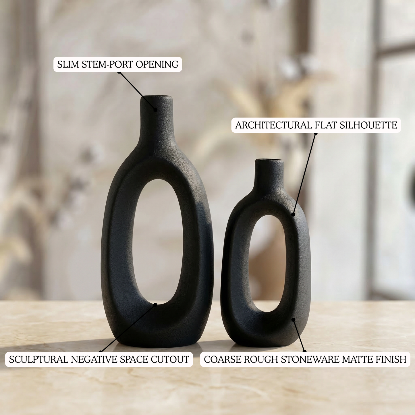 Boho Black Set of 2 handmade ceramic vase — detail view, Indian artisan craft | Mapland