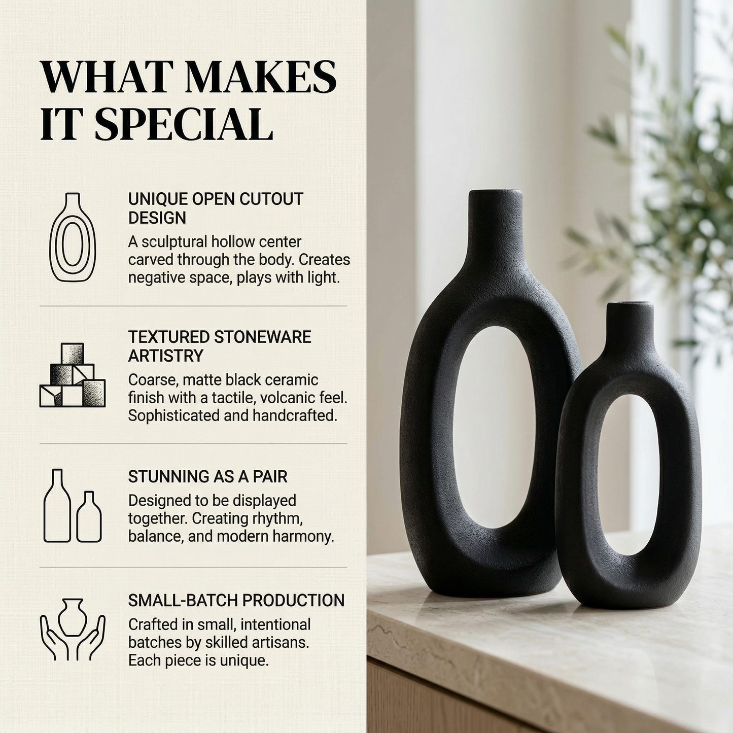 Boho Black Set of 2 handmade ceramic vase — lifestyle view, Indian artisan craft | Mapland