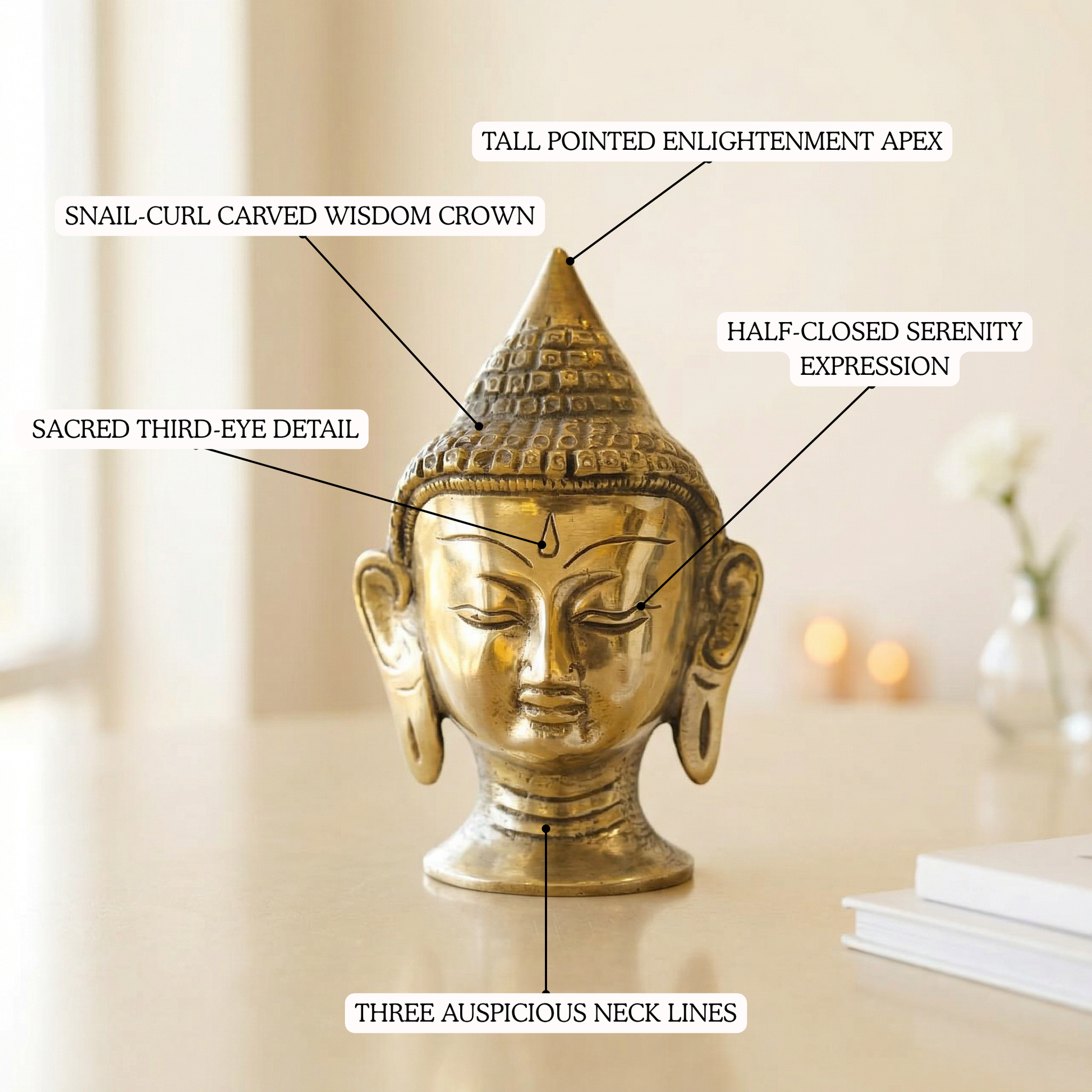 Brass Buddha head statue ushnisha crown detailing | Mapland