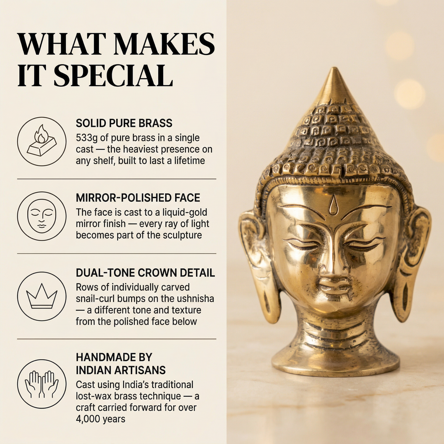 Brass Buddha head what makes it special dual-tone finish | Mapland