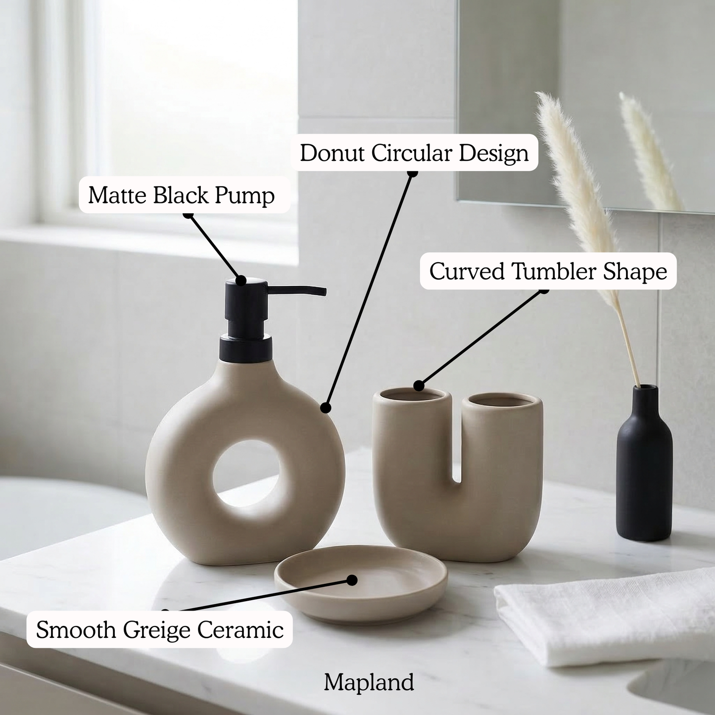 Dune Beige Ceramic Bathroom Set of 3 — top view — handmade artisan home decor | Mapland