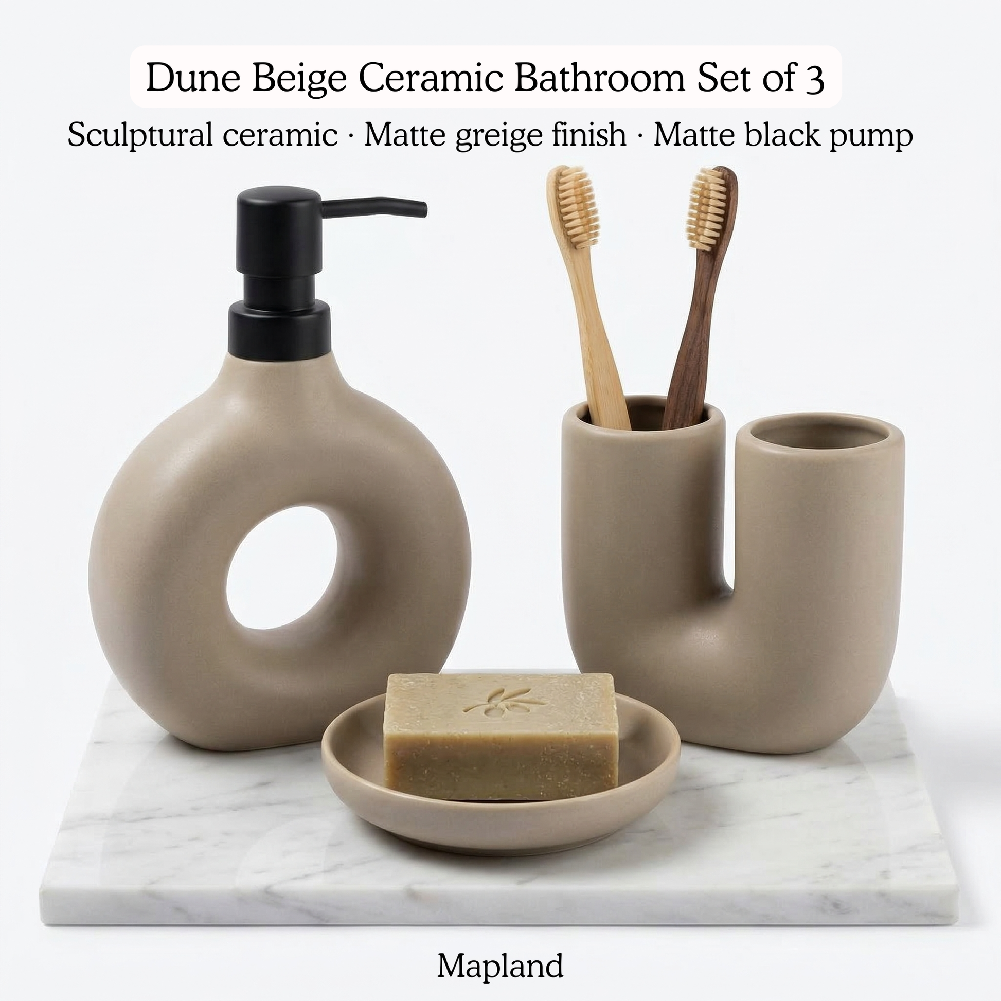 Dune Beige Ceramic Bathroom Set of 3 — side view — handmade artisan home decor | Mapland