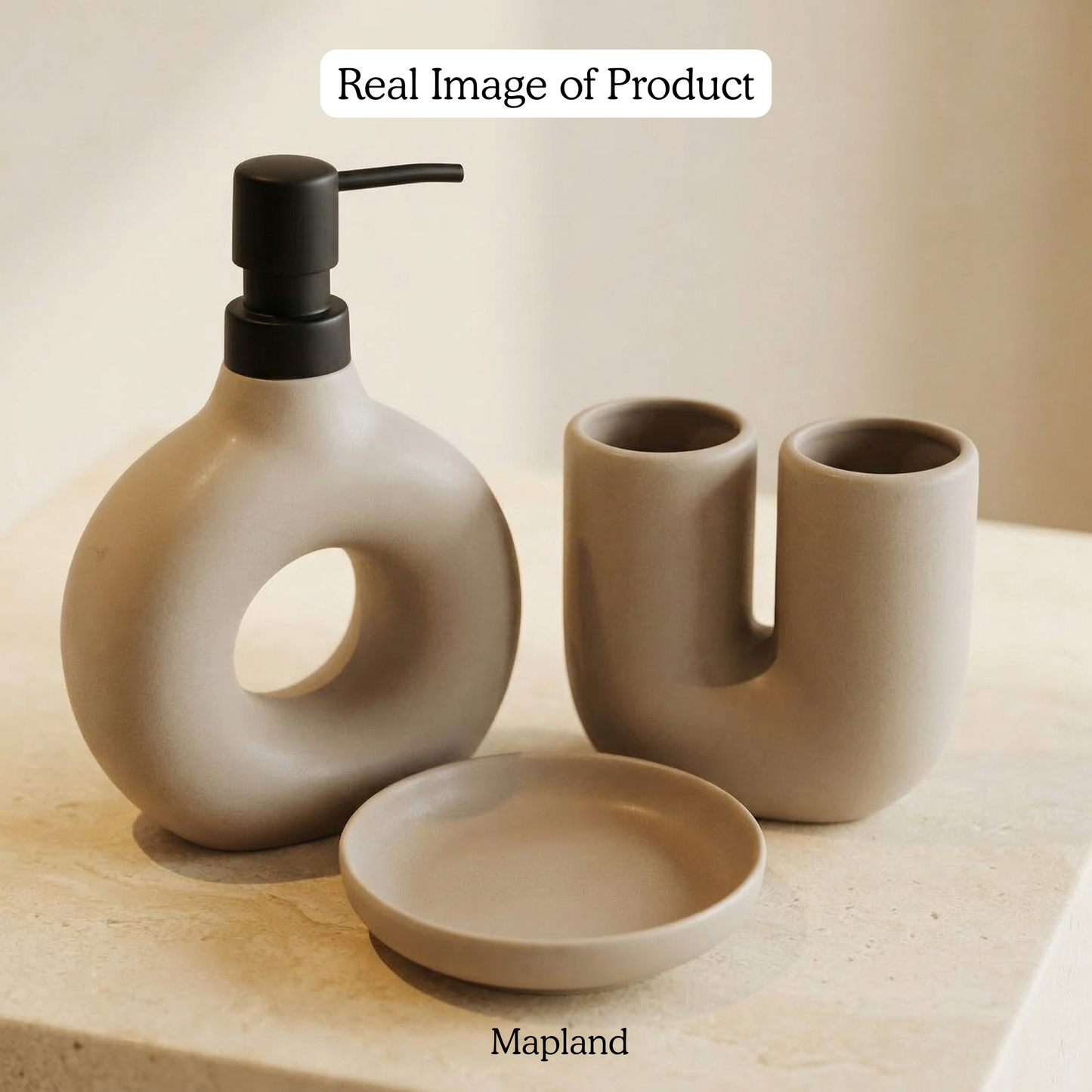 Dune Beige Ceramic Bathroom Set of 3 — angle view — handmade artisan home decor | Mapland