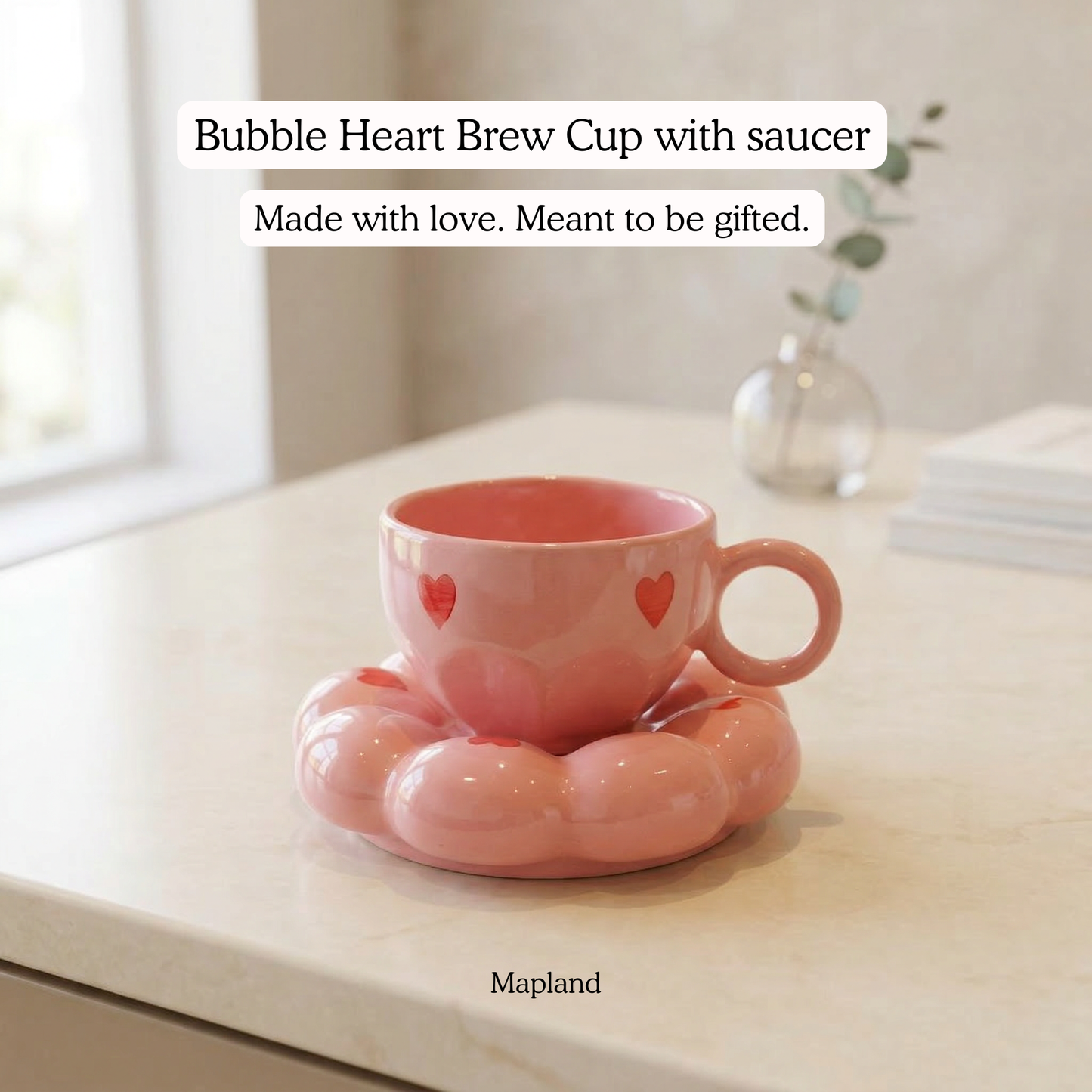 Bubble Heart Brew Cup with Saucer — handmade ceramic cup, view 3 | Mapland
